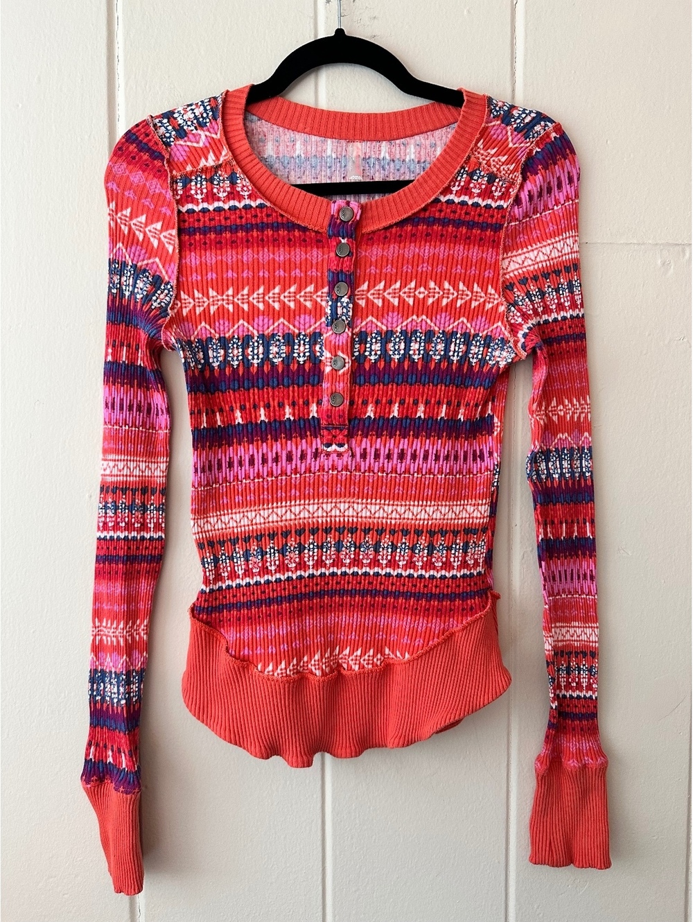 Free People FP Movement Rally Printed Layer Rib Henley Top Red Orange Size M